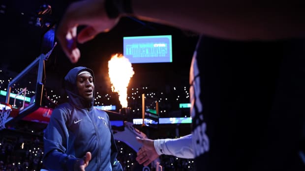 Feb 24, 2024; Minneapolis, Minnesota, USA; Minnesota Timberwolves forward Jaden McDaniels (3) is introduced before the game against the Brooklyn Nets at Target Center.